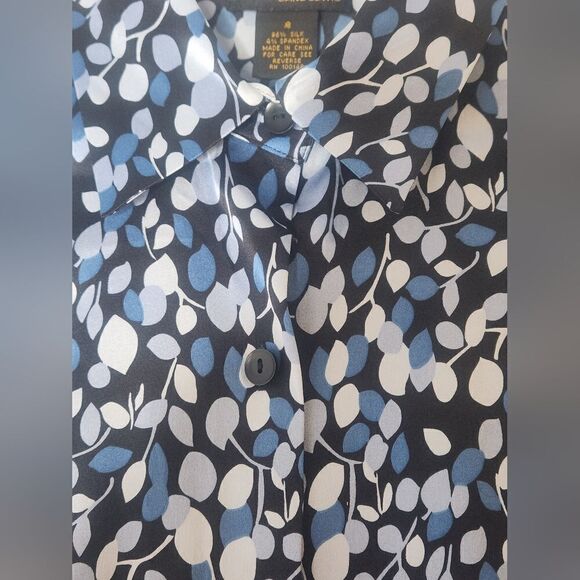 Grace DaneLewis 8 BlackBlue 96%SILK FloralPrint Lsl ButtonsUp Women ShirtBlouse - Picture 5 of 7